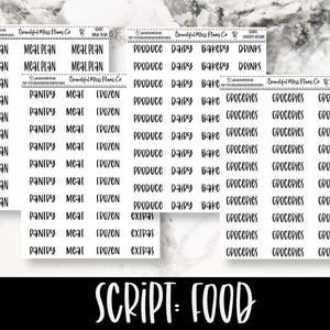 May include: A set of black and white planner stickers with various food-related labels, including "Meal Plan", "Pantry", "Meat", "Frozen", "Produce", "Dairy", "Bakery", "Drinks", "Groceries", and "Extras".