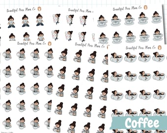 Può includere: Un foglio di adesivi con illustrazioni a cartoni animati di una persona con chignon scuro e occhiali che interagisce con tazze da caffè. I disegni includono la persona seduta nelle tazze, che le tiene in mano o beve, con il testo Beautiful Mess Plans Co.