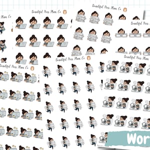 May include: Multiple sticker sheets labeled Beautiful Mess Plans Co featuring cartoon illustrations of a person with a dark bun hairstyle wearing a striped shirt, shown working at a computer, carrying stacks of paper, and sitting at a desk.