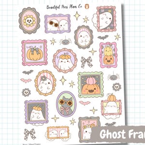 May include: A sticker sheet titled Beautiful Mess Plans Co featuring various illustrations of ghosts, pumpkins, and cats inside decorative frames. The designs include pastel-coloured borders, small bats, spiders, and stars on a white grid background.