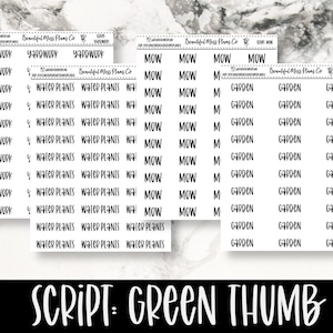 May include: A sheet of black and white script stickers with words related to gardening, including "yard work", "water plants", "mow", and "garden".