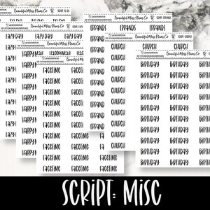 May include: A sheet of white planner stickers with black script text. The stickers include words like "To Do", "Lazy Day", "Happy Mail", "Facetime", "Errands", "Church", and "Birthday".
