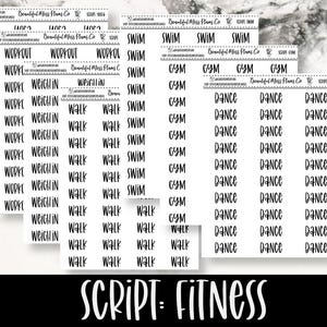 May include: A set of white sticker sheets with black script text. The sheets feature words related to fitness activities, including "Yoga", "Workout", "Weigh In", "Walk", "Swim", "Gym", and "Dance".