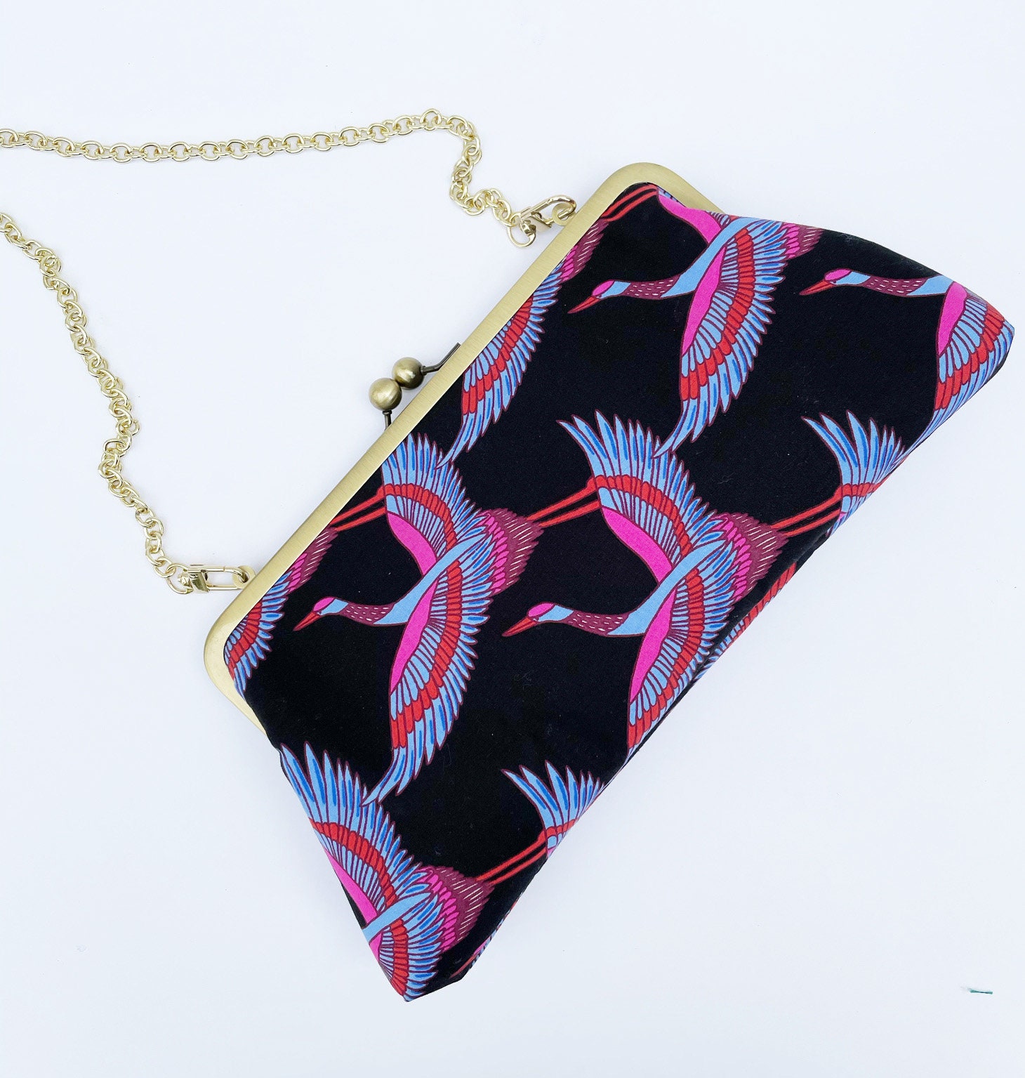 Cranes in Flight Purse, Clutch, Kiss Lock Purse, Metal Frame 