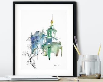 Ukraine Kyiv Podil instant downloadable digital city sketch artwork, digital printable old Eastern Europe urban cityscape art poster jpg