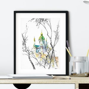 Ukraine Kyiv instant downloadable digital city sketch artwork, digital printable old Eastern Europe church cityscape file art poster jpg