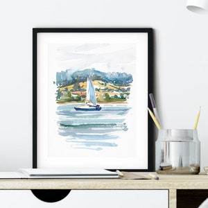 Seascape download print, Britain landscape printable watercolour illustration, Digital download wall art, Coastal wall art, White sailboat