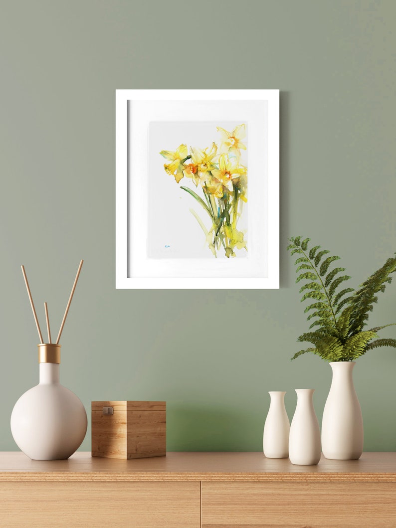 Yellow daffodil watercolor art print floral art print flower artwork, daffodil watercolour painting spring flowers wall art