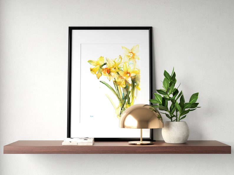 Yellow daffodil watercolor art print floral art print flower artwork, daffodil watercolour painting spring flowers wall art