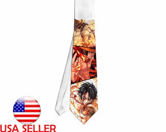 One Piece Ace Fire Anime Fan Art Necktie Neck Tie Video Game Unique Gift Cosplay