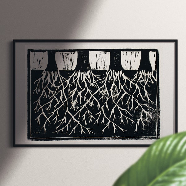 Black White Linocut Etsy