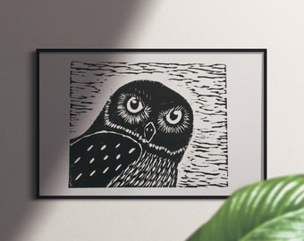 Original linocut print/ black and white owl stamp home decor/bird print wall art/ handprinted art