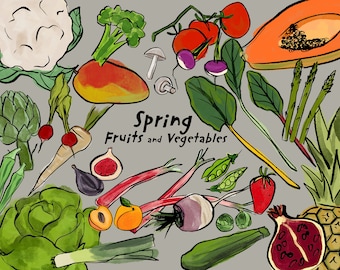 Seasonal fruits and veggies kitchen decor print/ Instant download wall art/ healthy food printable home decor/ spring season food