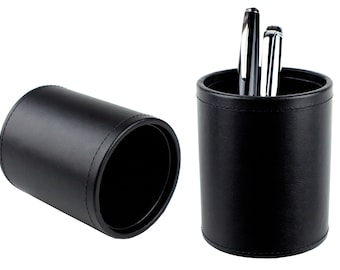 Étui à stylos en cuir premium noir et marron, gobelet à stylos / porte-stylos rond avec doublure intérieure en PU et dessous en polaire pour bureau