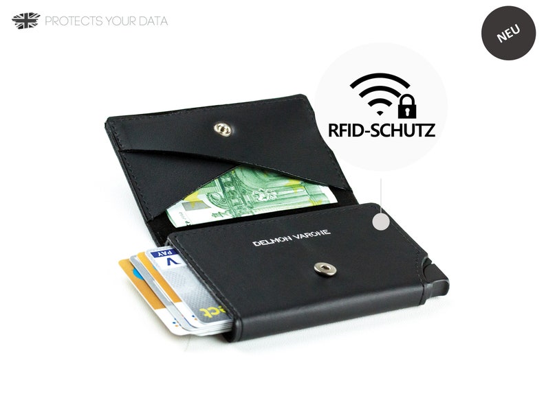 Personalisierbares Slim Kartenetui mit RFID Schutz Premium Leder Schwarz & Braun, Damen und Herren Kreditkartenetui / Geldbeutel Etui Bild 7