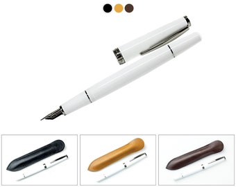 Premium fountain pen in white with cartridge/converter and leather case, fountain pen in genuine leather case with engraving, fountain pen with leather case