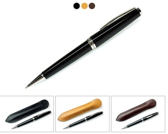 Premium Bleistift in Schwarz mit 0,7 mm Mine und Lederetui, Minenbleistift im Echt Leder Etui mit Gravur, Business Pencil with Leather Case