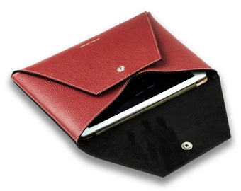 Universal case compatible with iPad & tablet up to 11 inches with or without accessories pocket soft grain leather red, genuine leather case personalized