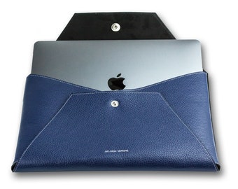 Sacoche universelle pour ordinateur portable compatible avec MacBook Air & Pro jusqu'à 13 pouces avec ou sans poche pour accessoires, sacoche pour ordinateur portable en cuir grainé souple bleu