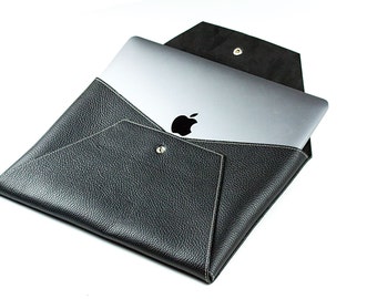 Sacoche universelle pour ordinateur portable compatible avec MacBook Air & Pro jusqu'à 13 pouces avec ou sans accessoires sac en cuir grainé noir, pochette pour ordinateur portable