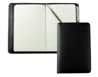 Personalizable pocket notebook case A6 made of premium leather in black & brown, blank unlined book in hard cover with pen loop