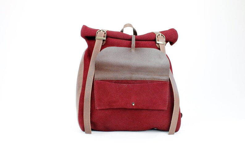 Red Backpack,Book Bag Rucksack Weekender Leather backpack Bag Roll Top Bag Rucksack RollTop Backpack Leather Roll Top Backpack Pocket