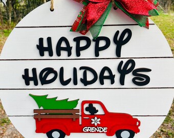 Happy Holidays Door Sign / Mouse Christmas Sign / Very Merry Christmas / Red Truck Christmas