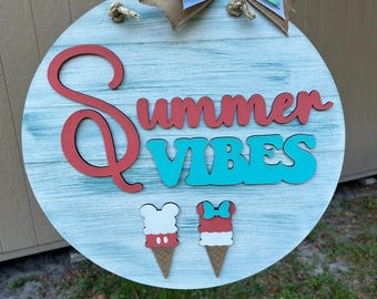 Mickey Ice Cream Summer Door Sign, Wooden Summer Vibes Hanger