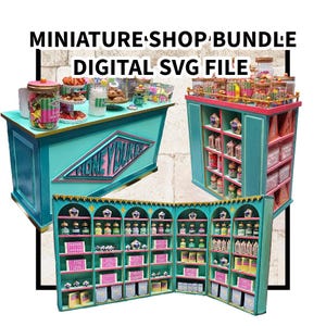 Könnte beinhalten: Eine digitale SVG-Datei zum Erstellen eines Miniatur-Honeydukes-Ladens mit einer türkisfarbenen und rosafarbenen Theke mit dem Honeydukes-Schild, einem türkisfarbenen und rosafarbenen Regal und einem türkisfarbenen und rosafarbenen Mehrfachregal.