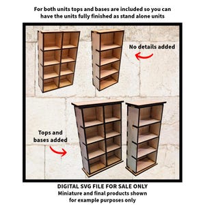 May include: Two wooden shelf units, one with a base and top, the other without. The unit with the base and top has six shelves, the other has four. Both units are made of light wood with dark brown trim. The text "Tops and bases added" is written on the left side of the image and "No details added" is written on the right side of the image.