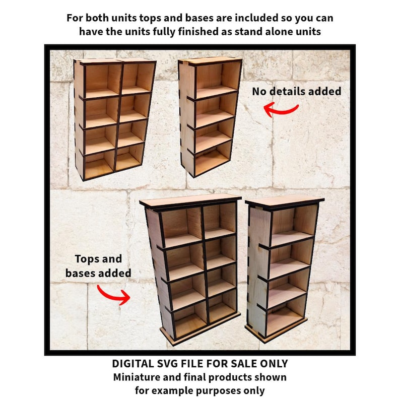 May include: Two wooden shelf units, one with a base and top, the other without. The unit with the base and top has six shelves, the other has four. Both units are made of light wood with dark brown trim. The text "Tops and bases added" is written on the left side of the image and "No details added" is written on the right side of the image.
