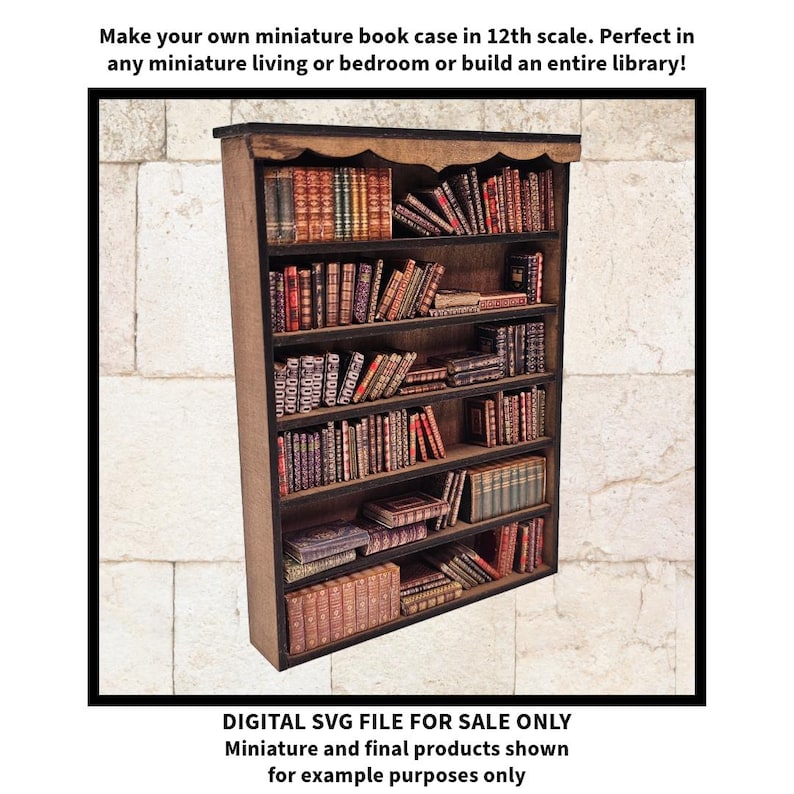 Puede incluir: Una estanter&iacute;a de madera en miniatura llena de libros diminutos. La estanter&iacute;a tiene varios estantes y est&aacute; dise&ntilde;ada a escala 1:12. La imagen incluye el texto: "Make your own miniature book case in 12th scale. Perfect in any miniature living or bedroom or build an entire library!"