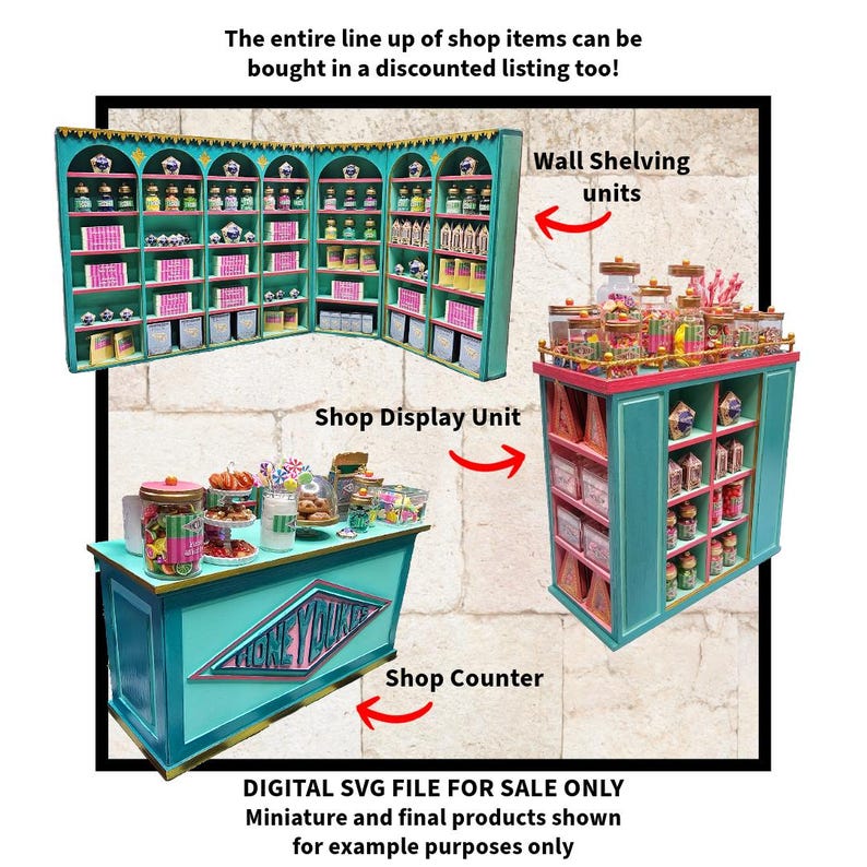 May include: A teal and pink miniature shop display unit with shelves filled with jars of candy. The unit includes a counter with the words "Honeydukes" written on it. The unit is labeled "Shop Display Unit" and "Shop Counter".