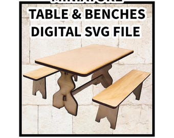Mesa de comedor y bancos en miniatura - Archivo SVG - Descarga digital para corte por láser