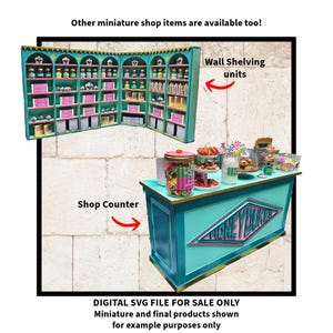 May include: A miniature shop counter with a teal and pink color scheme. The counter has a sign that reads "Honeydukes". The counter is decorated with jars of candy and other sweets. There are also shelves on the wall behind the counter, filled with more candy and other items.