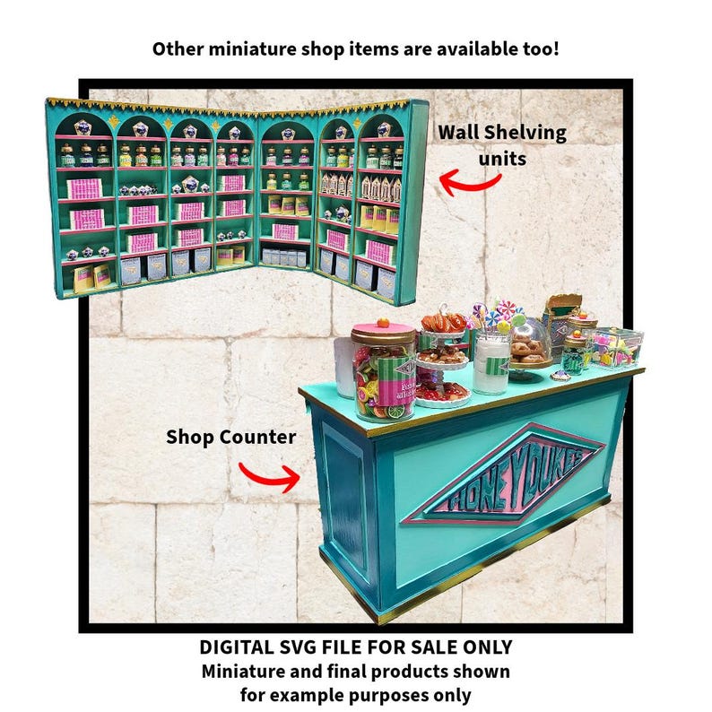 May include: A miniature shop counter with a teal and pink color scheme. The counter has a sign that reads "Honeydukes". The counter is decorated with jars of candy and other sweets. There are also shelves on the wall behind the counter, filled with more candy and other items.