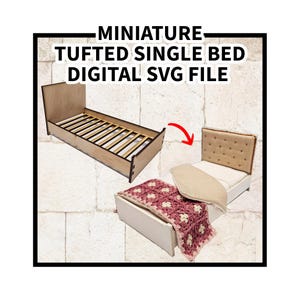 Puede incluir: Un archivo SVG digital de cama individual capitoné en miniatura. La imagen muestra un marco de cama de madera con una cabecera capitoné y un colchón. La cama está hecha de madera y tiene un acabado marrón claro. La cama se muestra con una manta y una almohada.