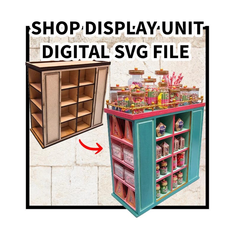 May include: A digital SVG file for a shop display unit. The unit is made of wood and has a teal blue finish. It has shelves for displaying products and a pink top with a gold trim. The unit is filled with jars of candy.