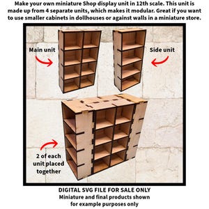 May include: A wooden miniature shop display unit in 12th scale. The unit is made up of four separate units, which can be assembled in different configurations. The unit is designed to hold small items, such as miniature furniture or accessories. "Main unit" and "Side unit" labels are visible on the image.