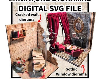 Dioramas en miniatura de pared agrietada y ventana gótica - Archivo SVG - Descarga digital para corte por láser