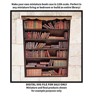 Puede incluir: Una estanter&iacute;a de madera en miniatura llena de libros diminutos. La estanter&iacute;a tiene varios estantes y est&aacute; dise&ntilde;ada para ser un modelo a escala 1:12. La imagen incluye el texto: "Make your own miniature book case in 12th scale."