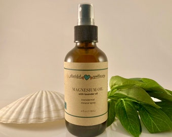 May include: A brown glass bottle with a black spray top and a brown paper label. The label says "Plantiful Apothecary" with two hearts and "Magnesium Oil with lavender oil, transdermal mineral spray, 4 fl oz (118ml)".