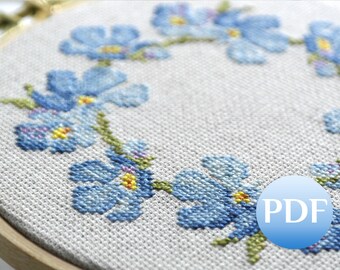 Wedding Wreath Cross Stitch Pattern, Personalized Forget-Me-Not Alphabet PDF
