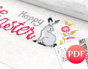 Happy Easter cross stitch pattern PDF Small cross stitch Easter rabbit cross stitch springtime Easter Bunny cross stitch mini sampler