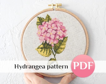 Pink Hydrangea Cross Stitch Pattern, Sweet Floral Embroidery PDF, Romantic Flower Chart