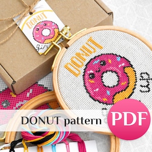 Mini Donut Cross Stitch Pattern PDF: Easy Beginner Embroidery Small funny design