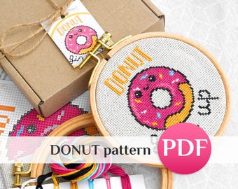Mini Donut Cross Stitch Pattern PDF: Easy Beginner Embroidery Small funny design