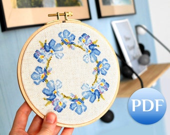 Wreath cross stitch pattern PDF Forget me not cross stitch for hoop Cute cross stitch pattern floral Blue flowers cross stitch border round