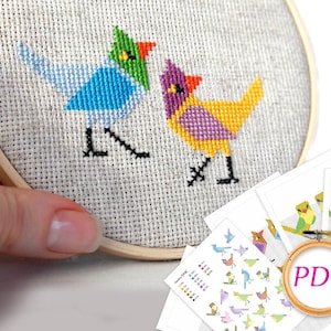 SET 8 Mini birds cross stitch pattern PDF Modern birds crossstitch Easy bird cross stitch for beginners Geometric cross stitch funny