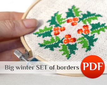 SET 5 winter cross stitch pattern Christmas cross stitch border PDF for pillow Crossstitch for kitchen for towel